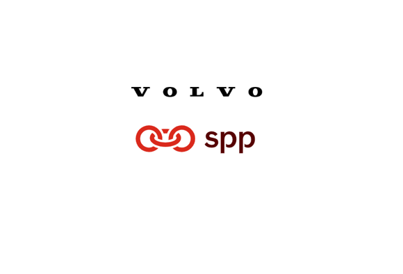 Volvo och SPP logotyper på vit bakgrund, symboliserar samarbetet mellan bilindustri och pensionstjänster