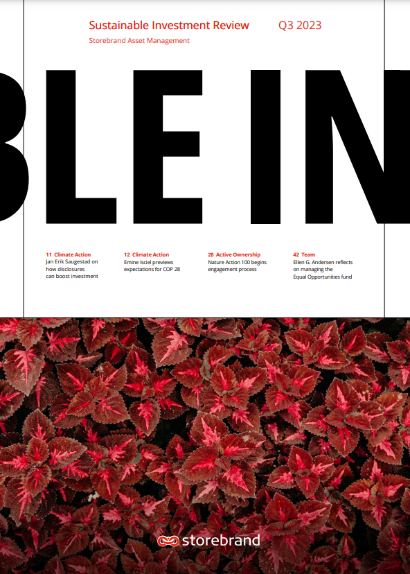 Omslag av "Sustainable Investment Review" för Q3 2023 av Storebrand Asset Management, med fokus på klimatåtgärder och aktivt ägande, dekorativ bakgrund av röda blad