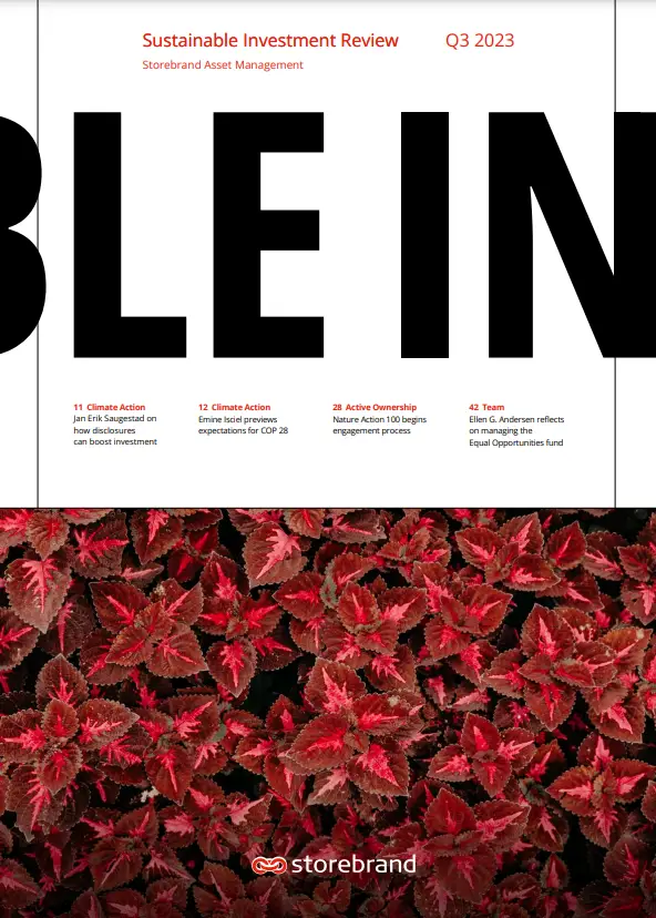 Omslag av "Sustainable Investment Review" för Q3 2023 av Storebrand Asset Management, med fokus på klimatåtgärder och aktivt ägande, dekorativ bakgrund av röda blad