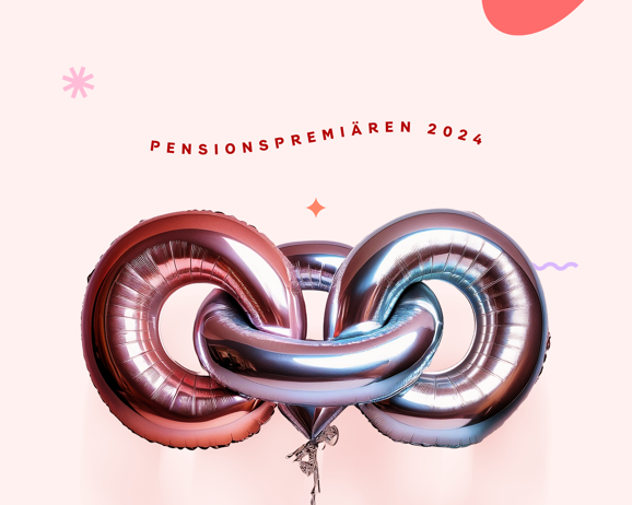 Ballonger i formen av nummer 2024 med texten "Pensionspremiären 2024" ovanpå, mot en ljus bakgrund med geometriska dekorationer