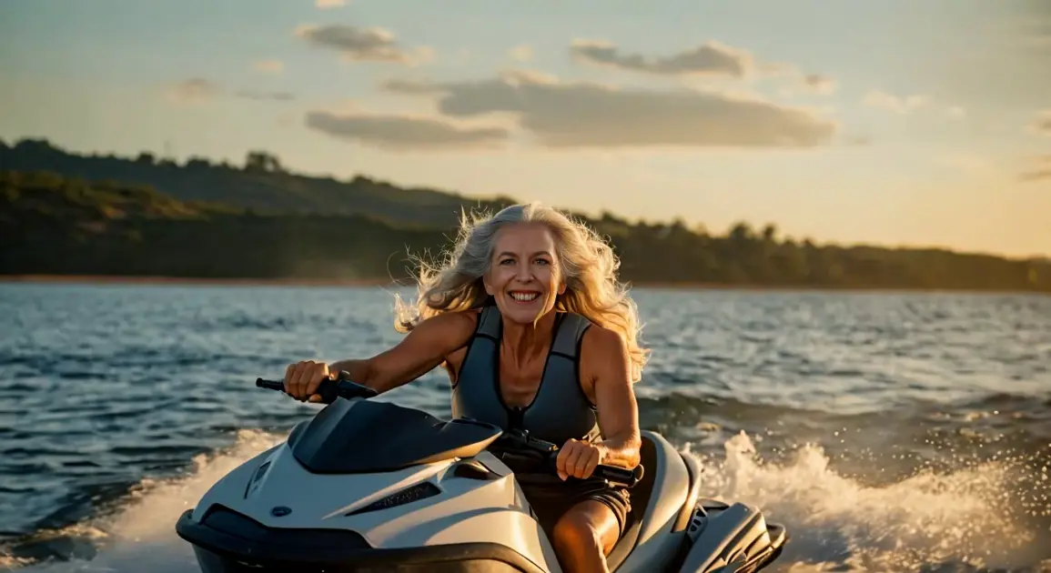 Kvinna kör vattenskoter på havet i solnedgången, med leende och njuter av sommarens äventyr
